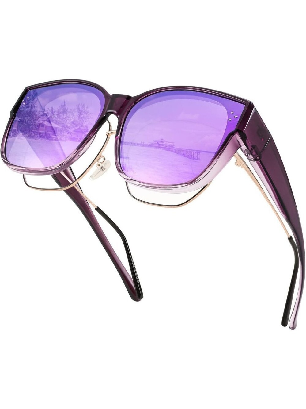 Women's Purple Frame & Purple Mirrored Lens Oversized Cat Eye Wear Over Glasses